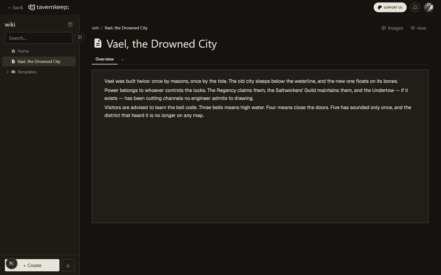 Tavernkeep wiki page for a city, with a document tree and live collaboration